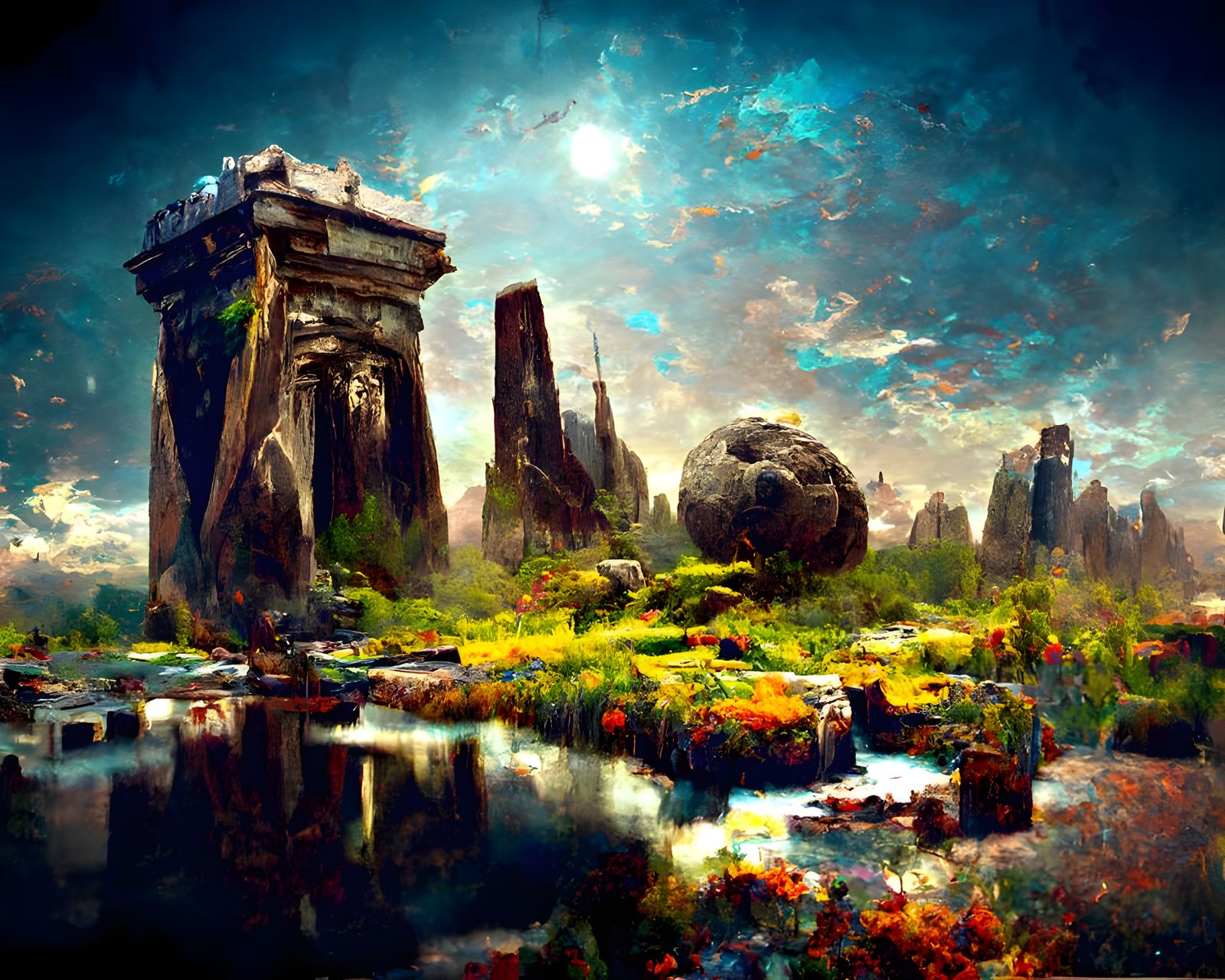 Cosmic Monoliths Reflect in Lake: Hyperrealistic Art