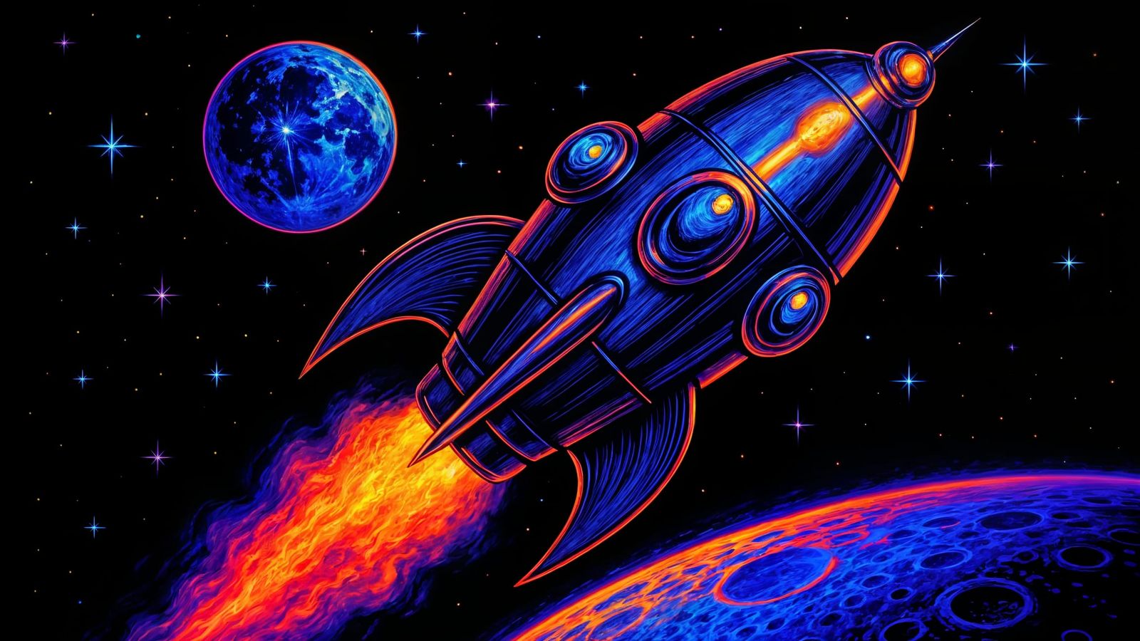 Retro Rocket Ship in Black Light Poster Style