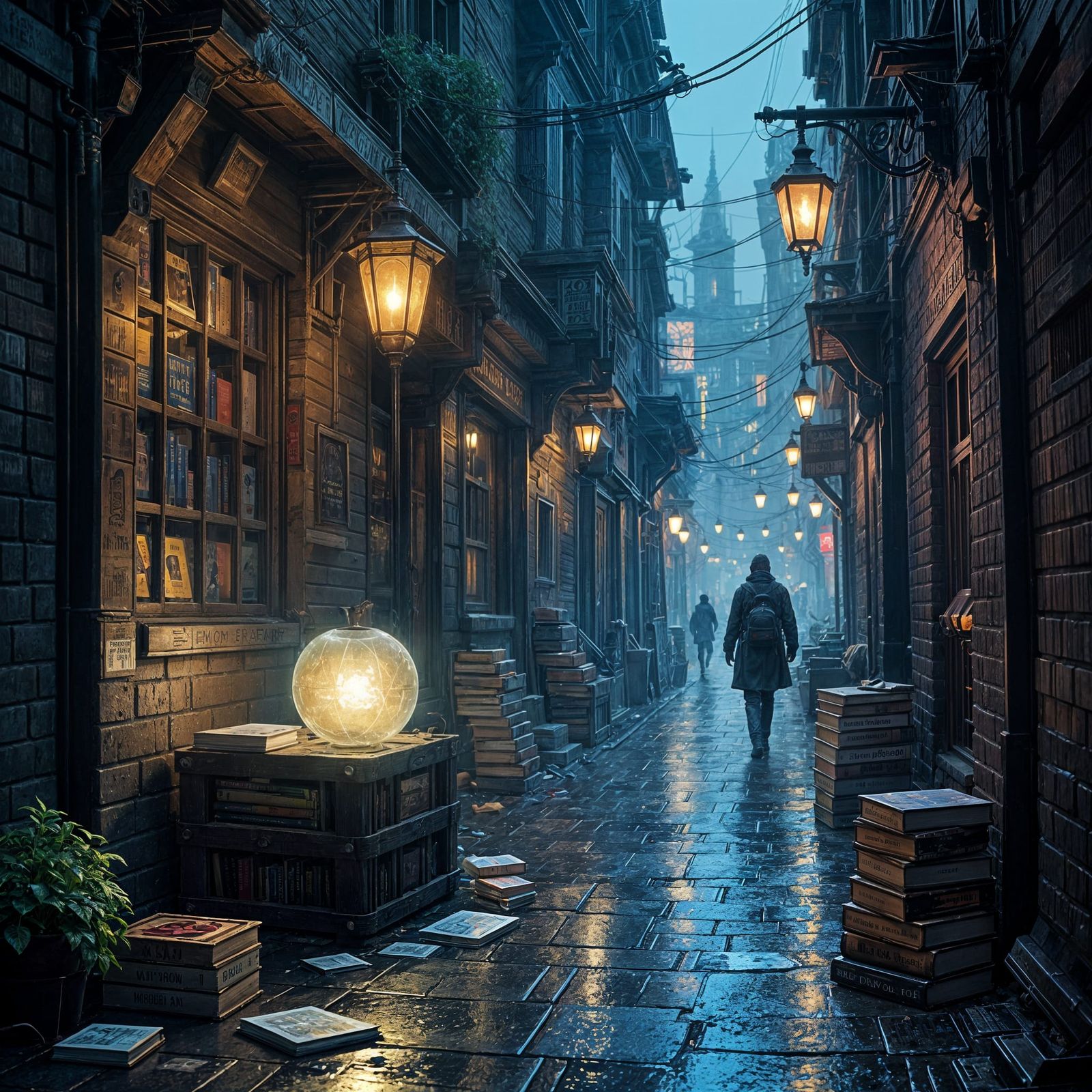 Bustling Tavern & Rainy Alley in Steampunk Digital Painting