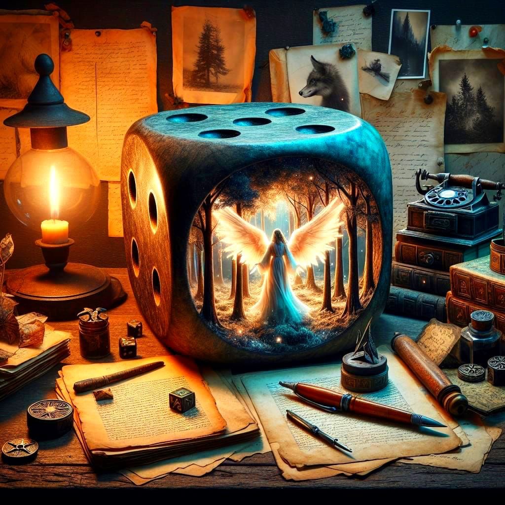 Surreal Dice with Angel in Ethereal Forest