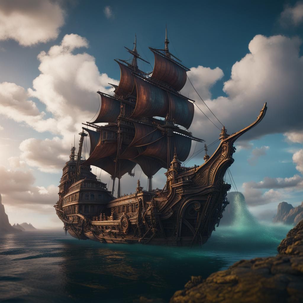 Fantastical Floating Ship in Detailed Matte Painting
