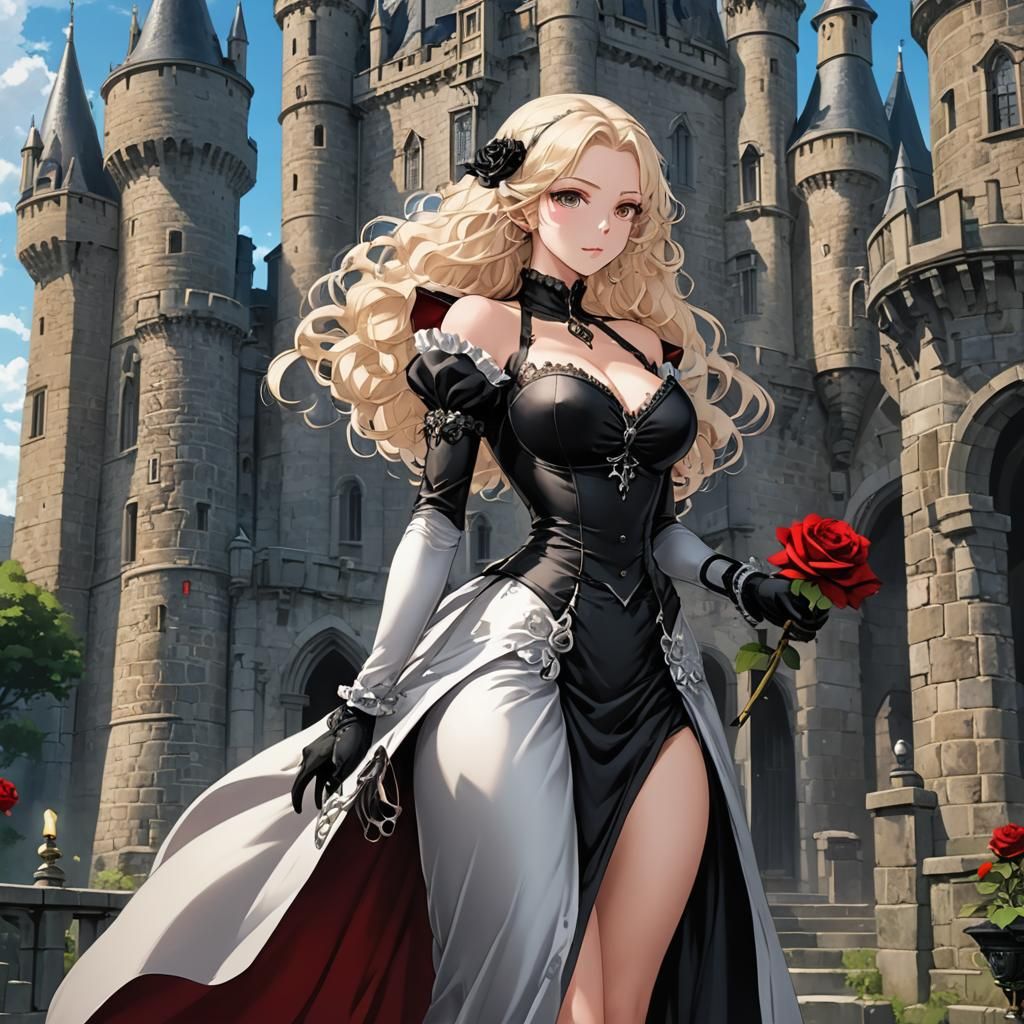 Anime Woman with Rose and Pipe Before Castle