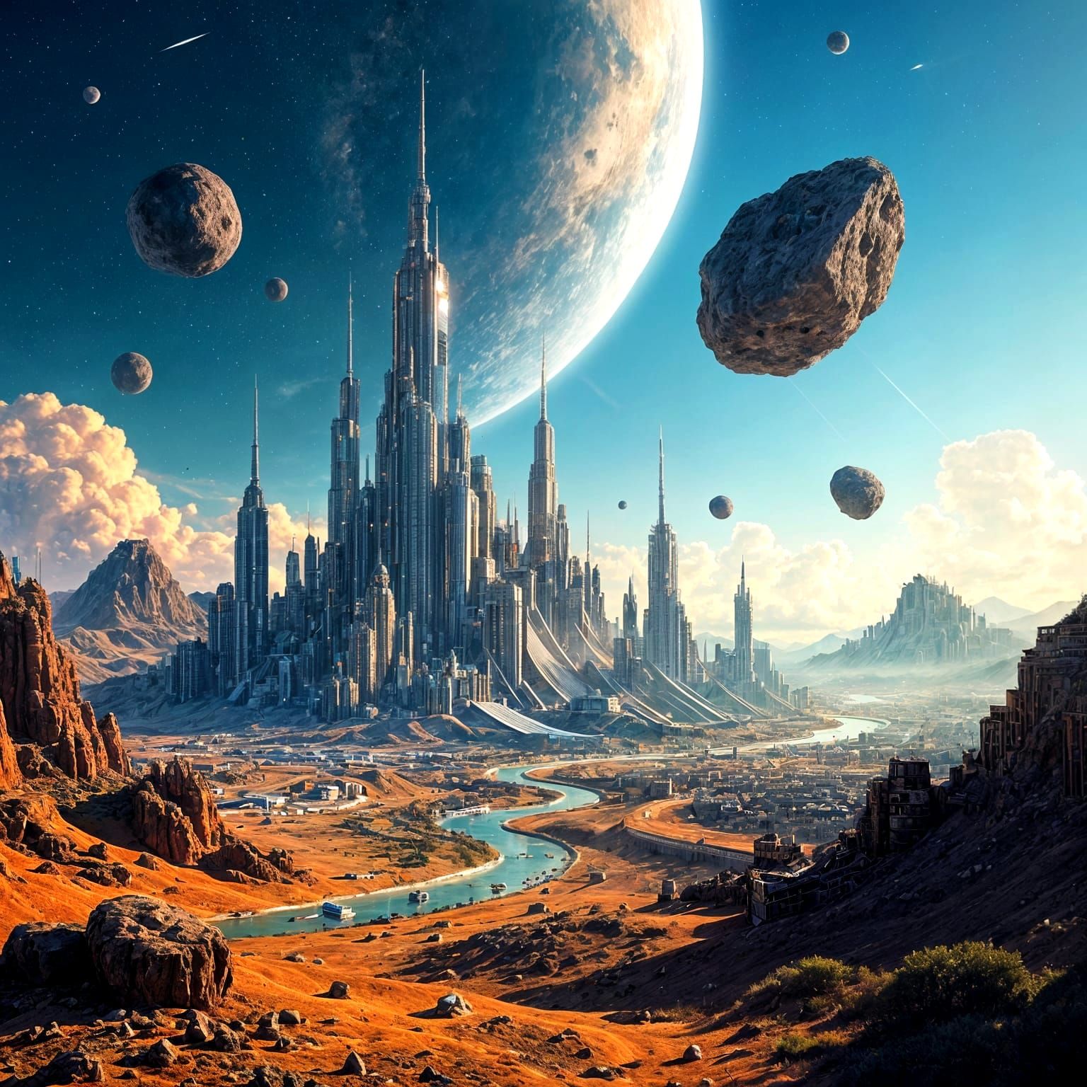 Retro-Futuristic Asteroid Cityscape in Mid-Century Style