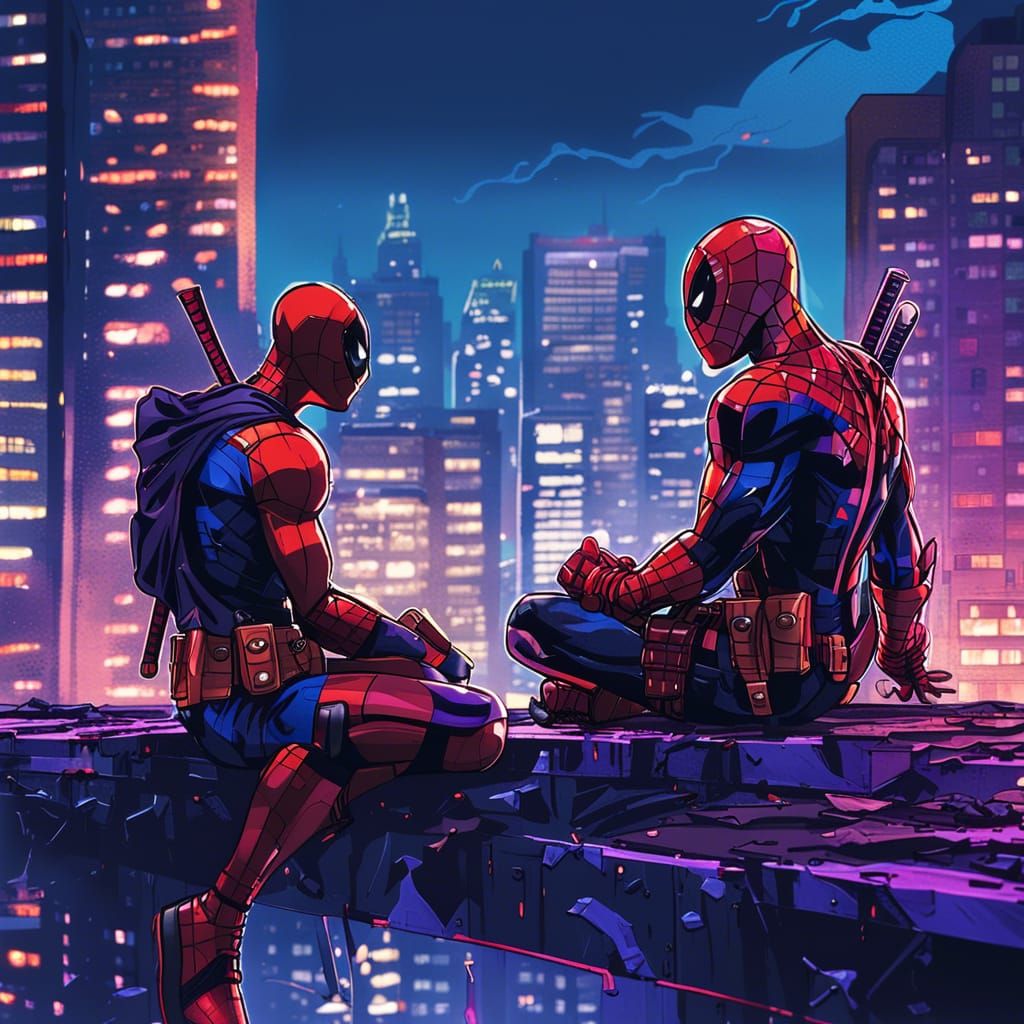 Deadpool and Spiderman Chat: Comic Book Rooftop Scene