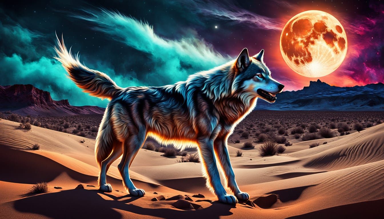 Lone Wolf Howling at Fractured Moon in Acid Ink Style