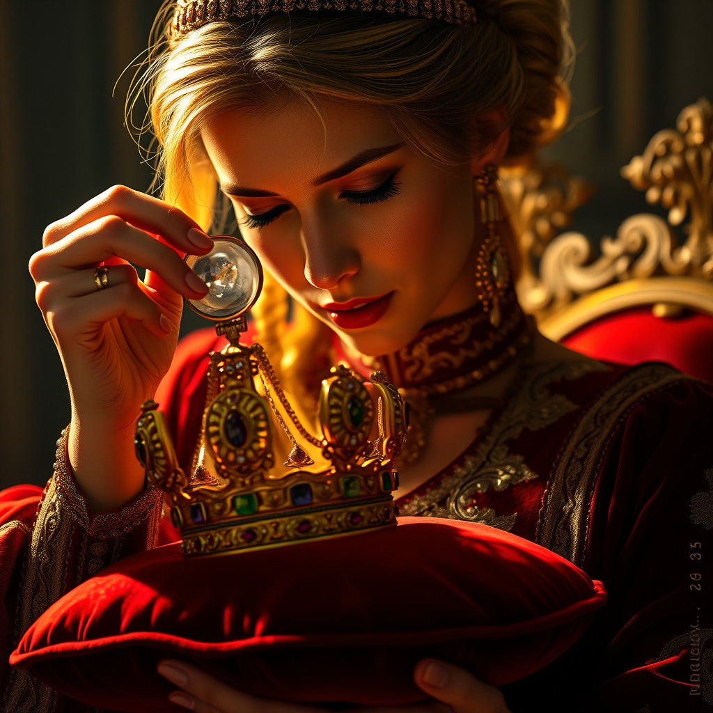 Woman Inspecting Golden Crown: Fantasy Concept Art