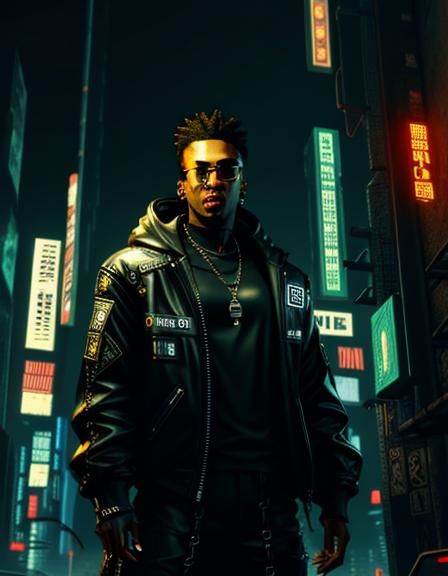 Cyberpunk Rapper in Neon Cityscape