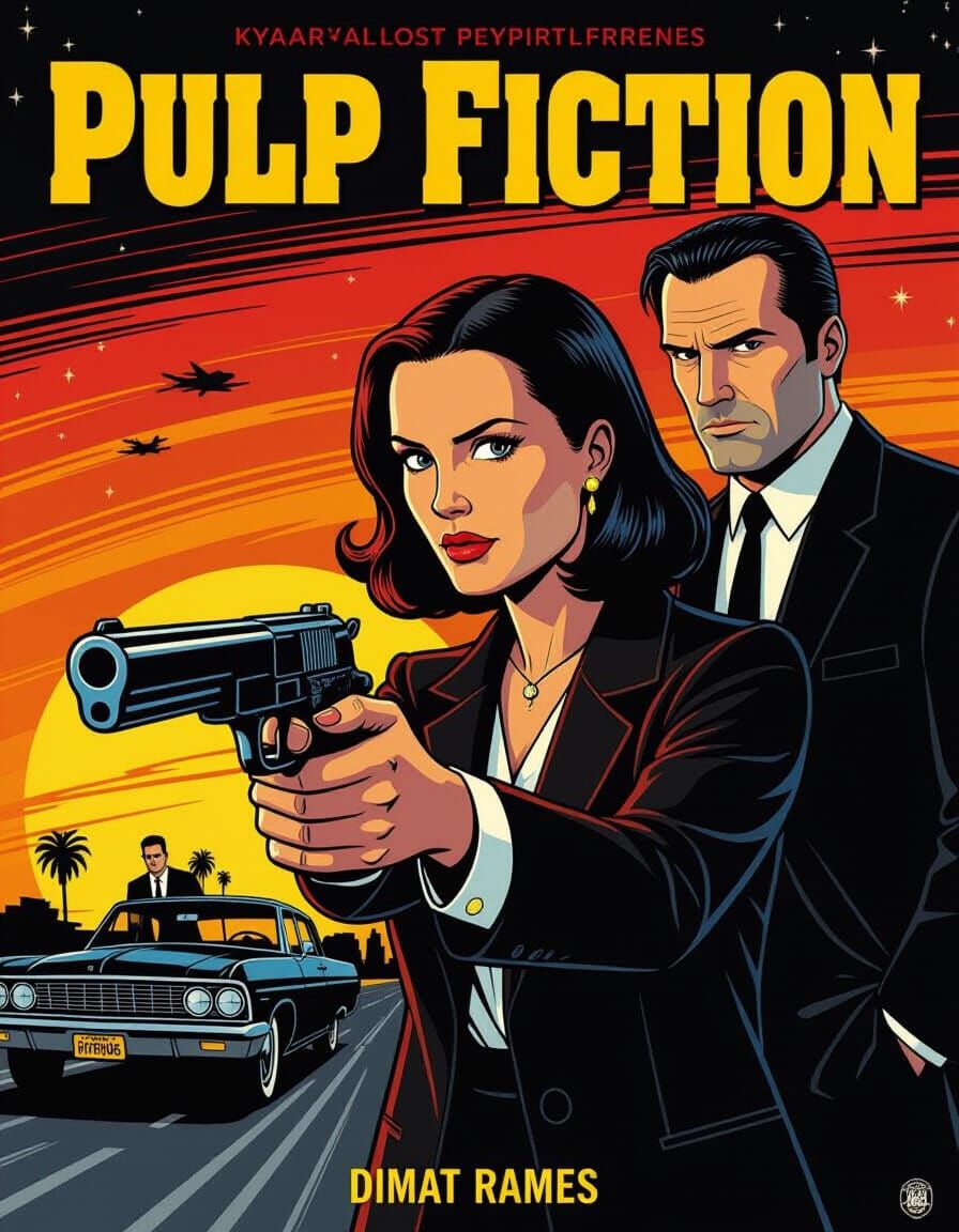 Pulp Fiction Movie Poster in Pixar Comic Noir Style