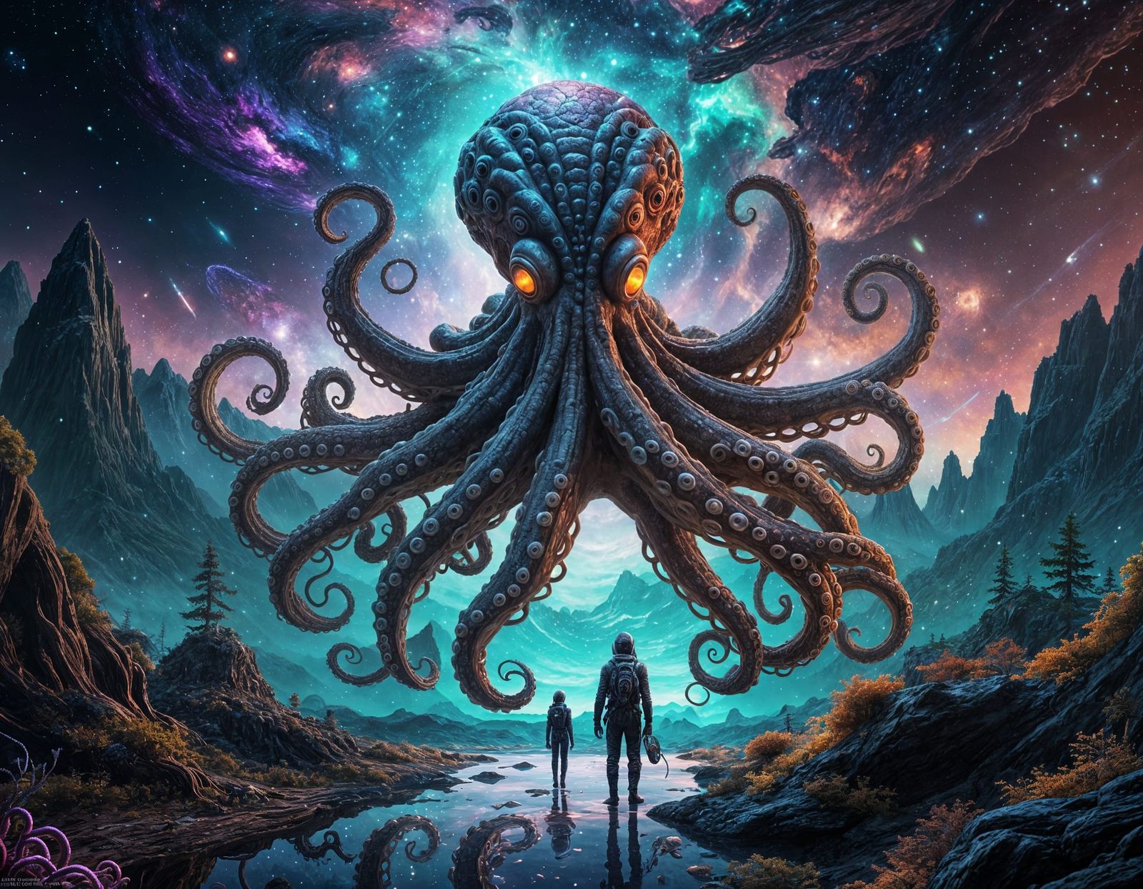 Cosmic Octopus Harmony in Vibrant, Ethereal Vibe