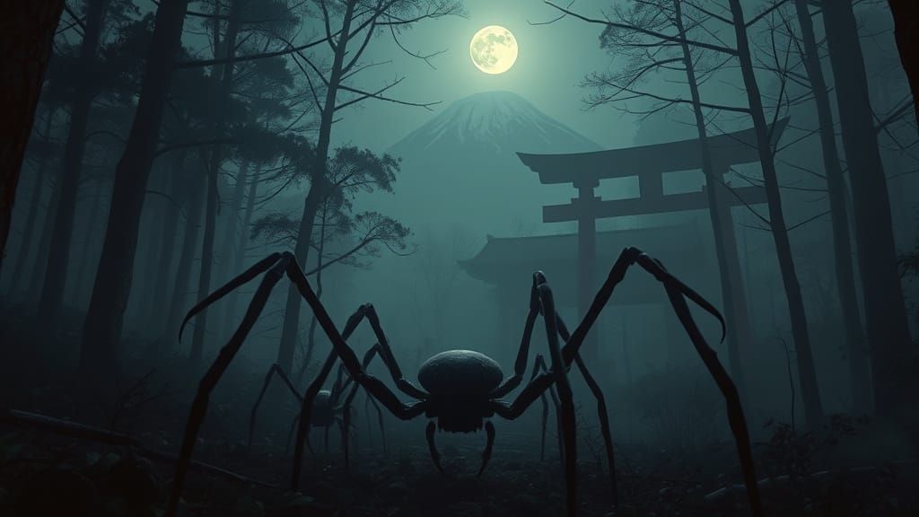 Giant Wolf Spiders in Misty Forest, Dark Fantasy