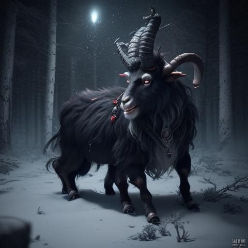Krampus Black Goat in Starlit Fantasy Forest