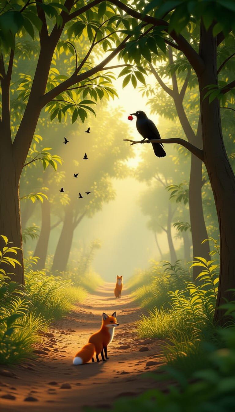 Peaceful Indian Forest Sunrise with Crow and Fox