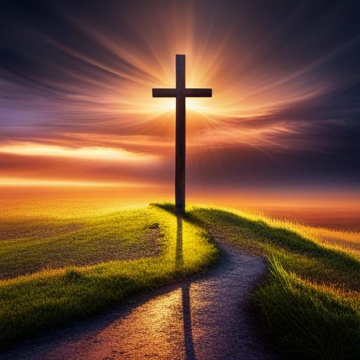 Cross on Hill with Sunset, Lightning and Leaves