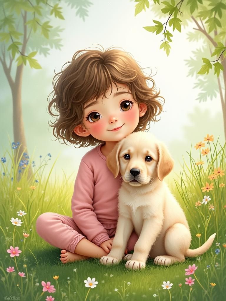 Girl and Labrador Puppy in Dreamlike Meadow