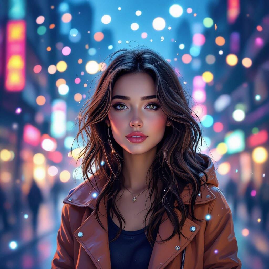 Whimsical Woman in a Mystical Futuristic City