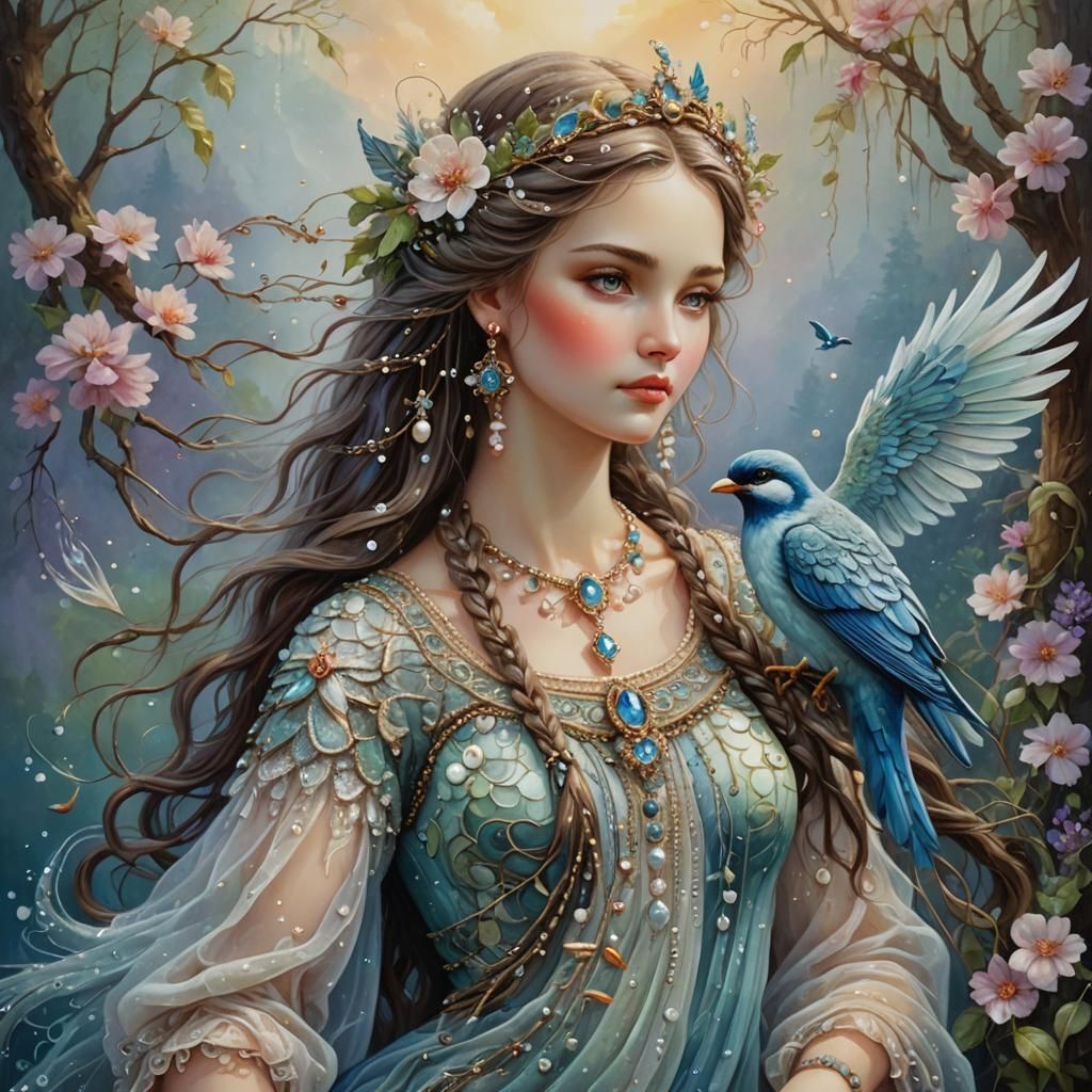 Slavic Siren in Oil Painting with Pearls