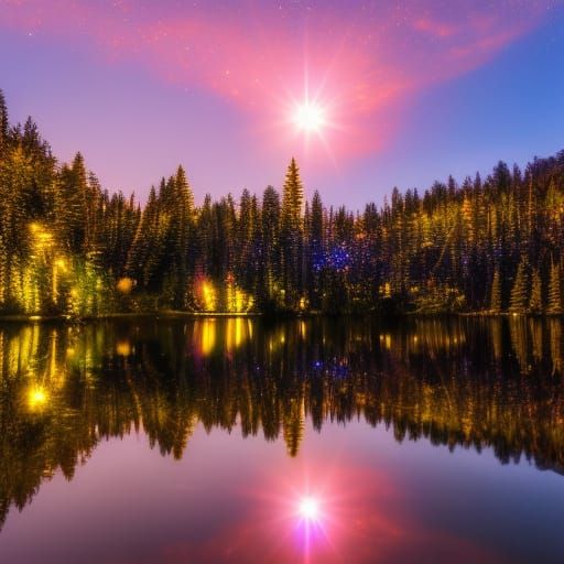 Romantic Night Sky Reflection with Couple and Fireflies