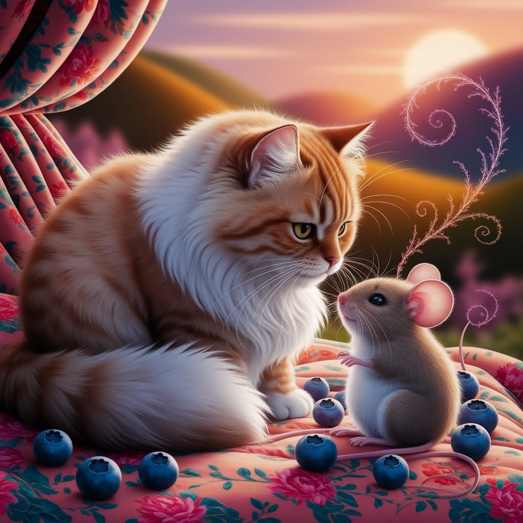 Fluffy Cat Sings Lullaby to Mouse in Golden Light