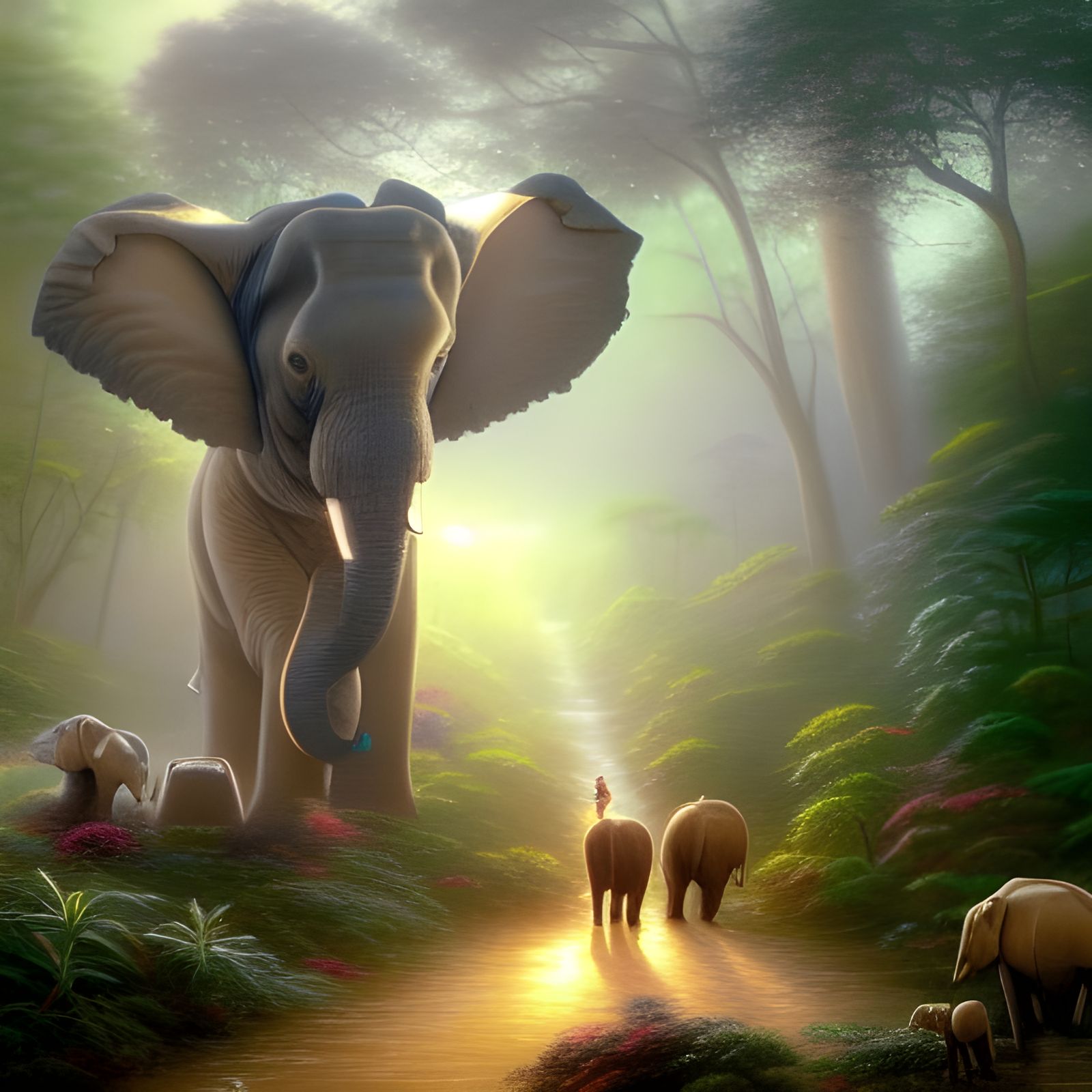 Forest Rangers Lead Elephant Through Misty Jungle