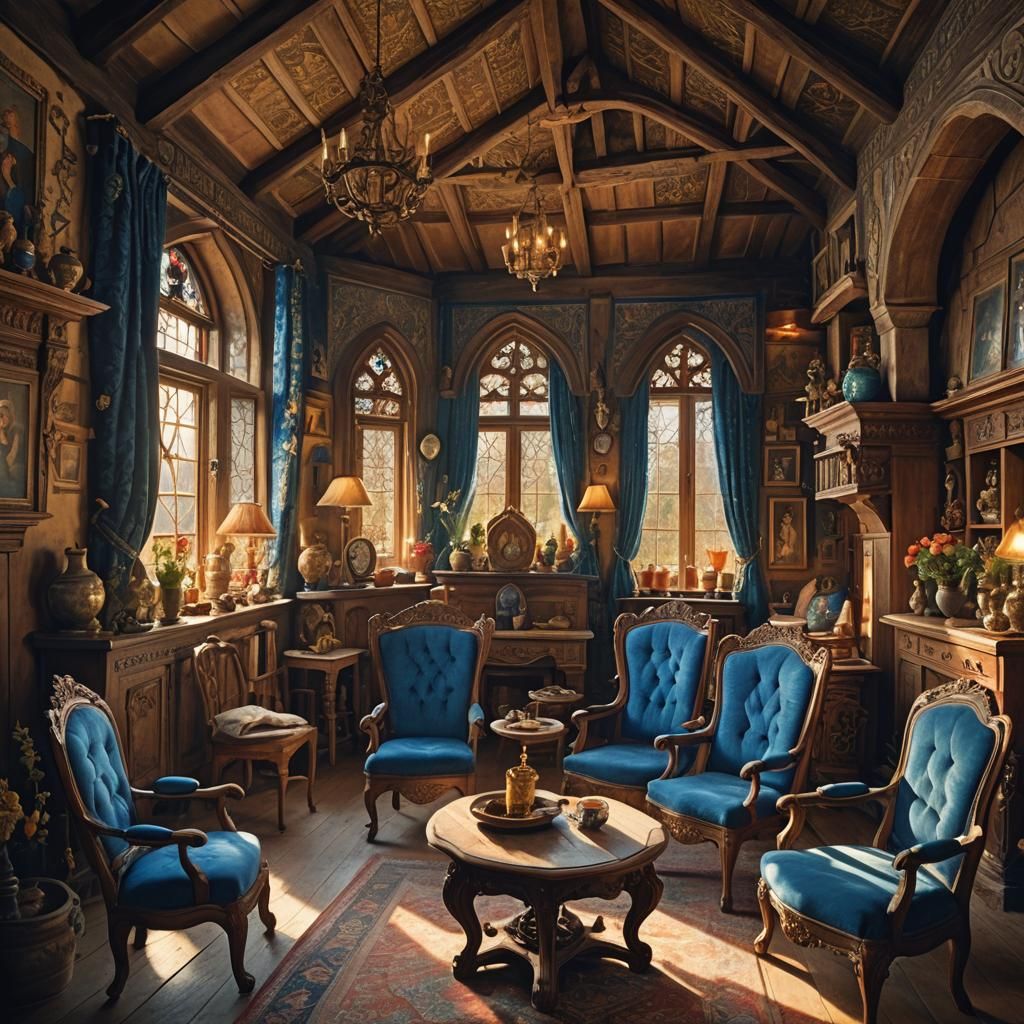 Whimsical Fantasy Interior with Mismatched Chairs