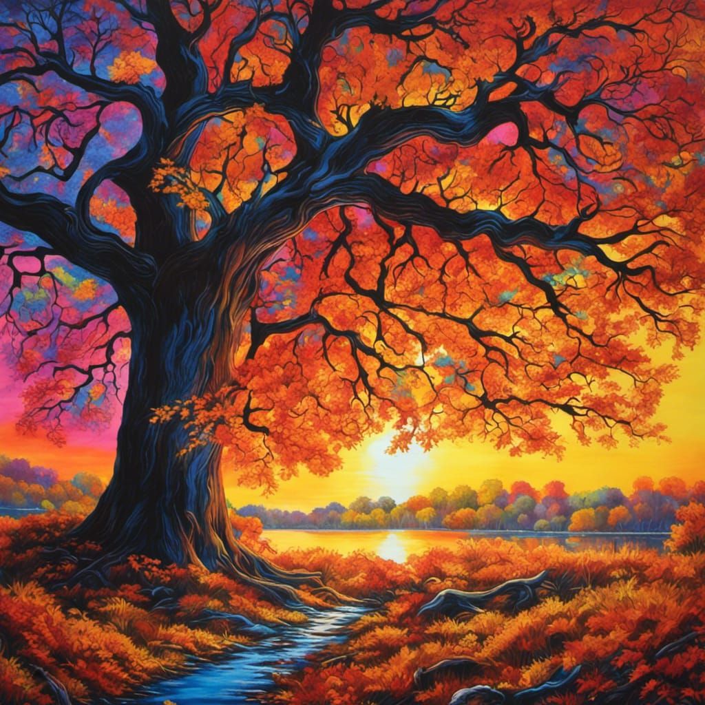 Blacklight Oak Tree in Ultra-Colorful Autumn Landscape