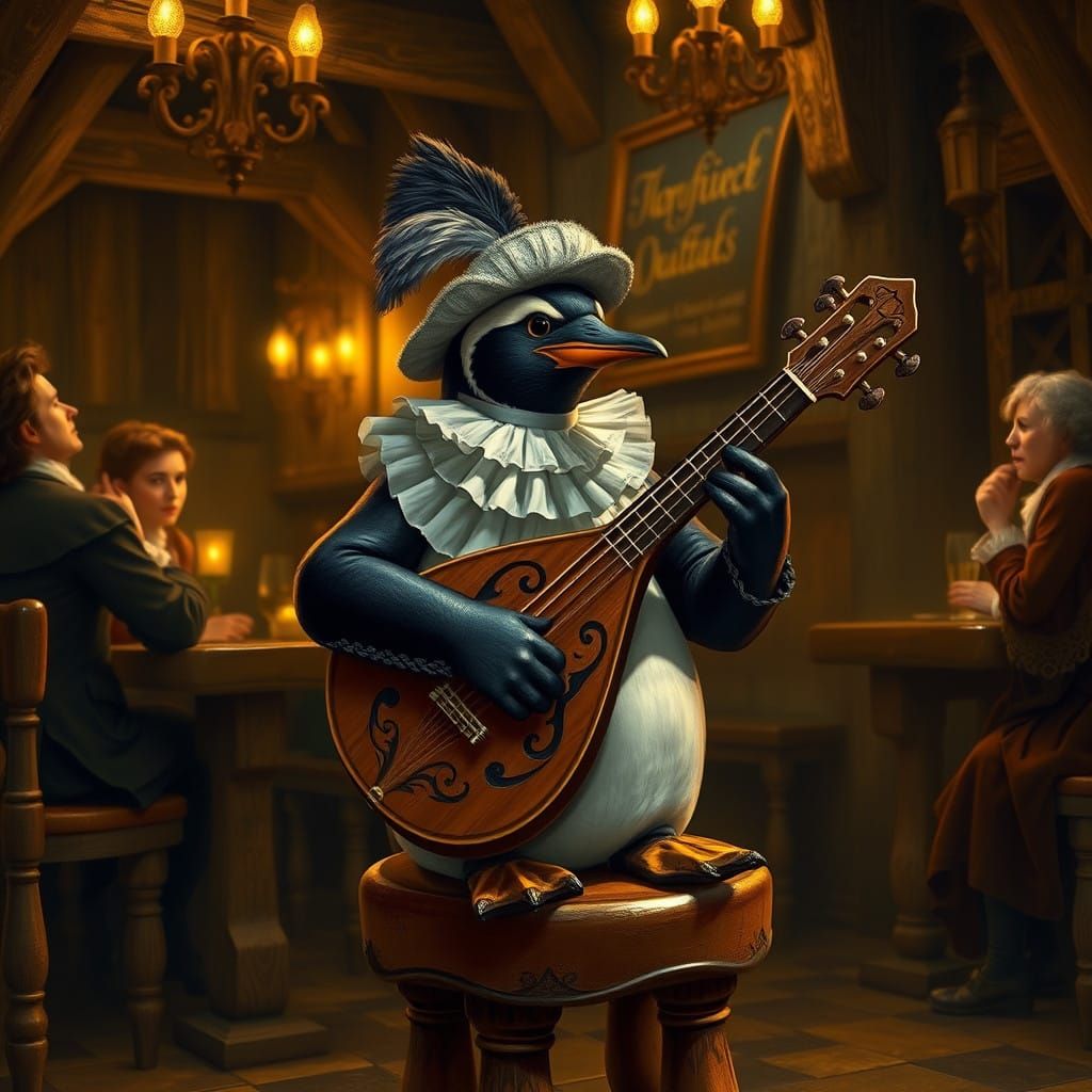 Medieval Penguin Bard Performs Soulful Lute in Tavern