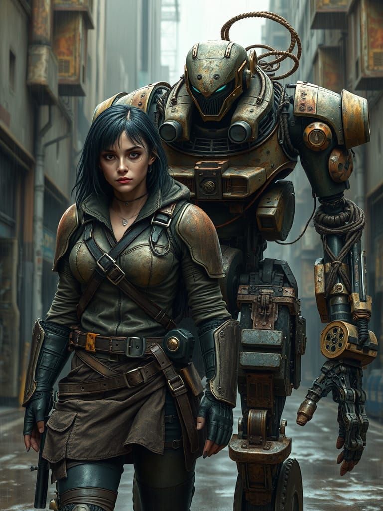 Armored Mercenary and Cyborg Partner in Dystopian City