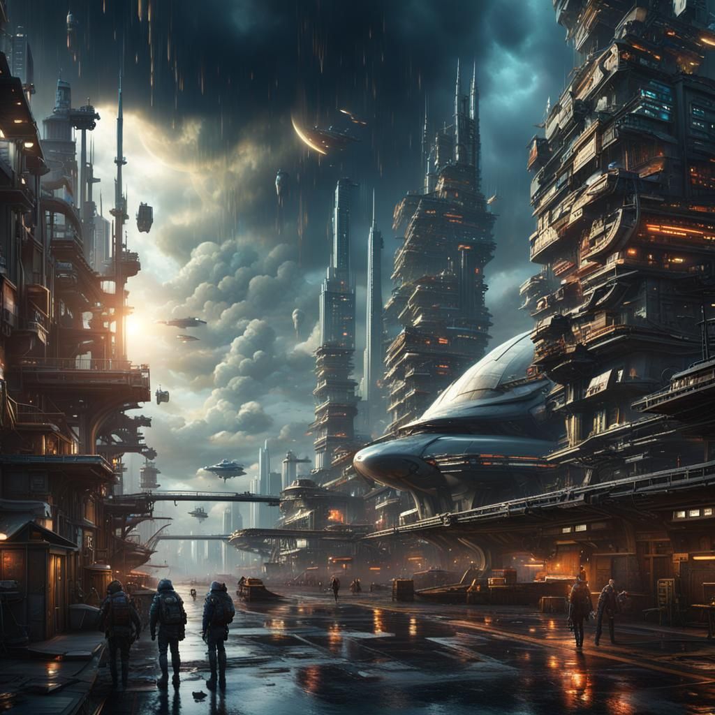 Futuristic Cityscape with Spaceships in Digital Art