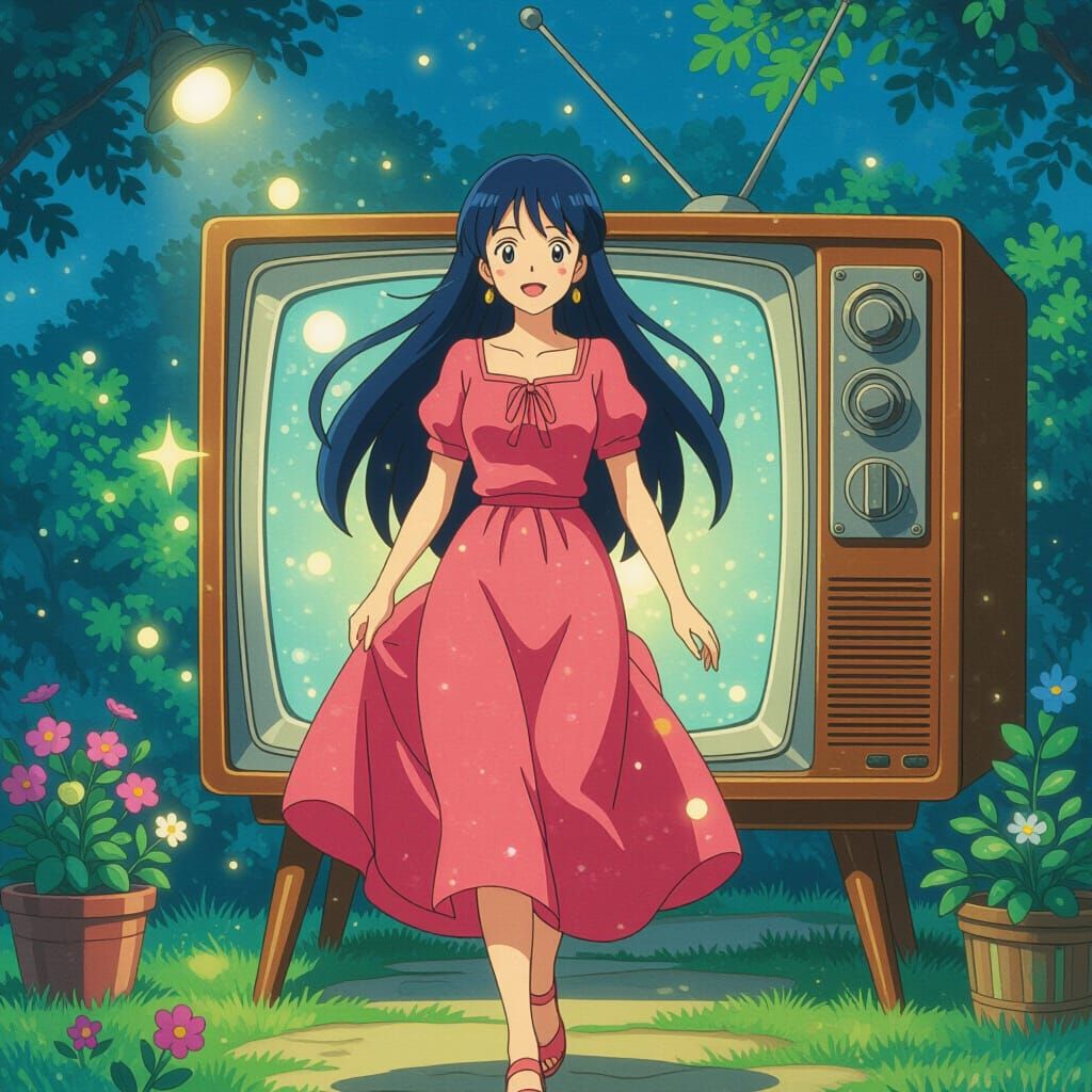 Anime Woman Steps From TV in Ghibli-Inspired Scene