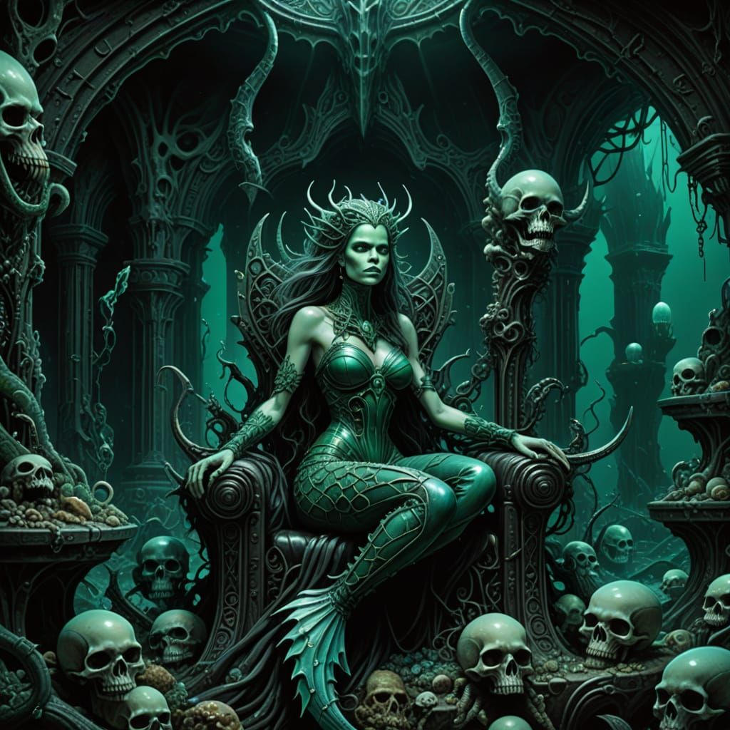 Eerie Mermaid on Skull Throne in Underwater Grotto