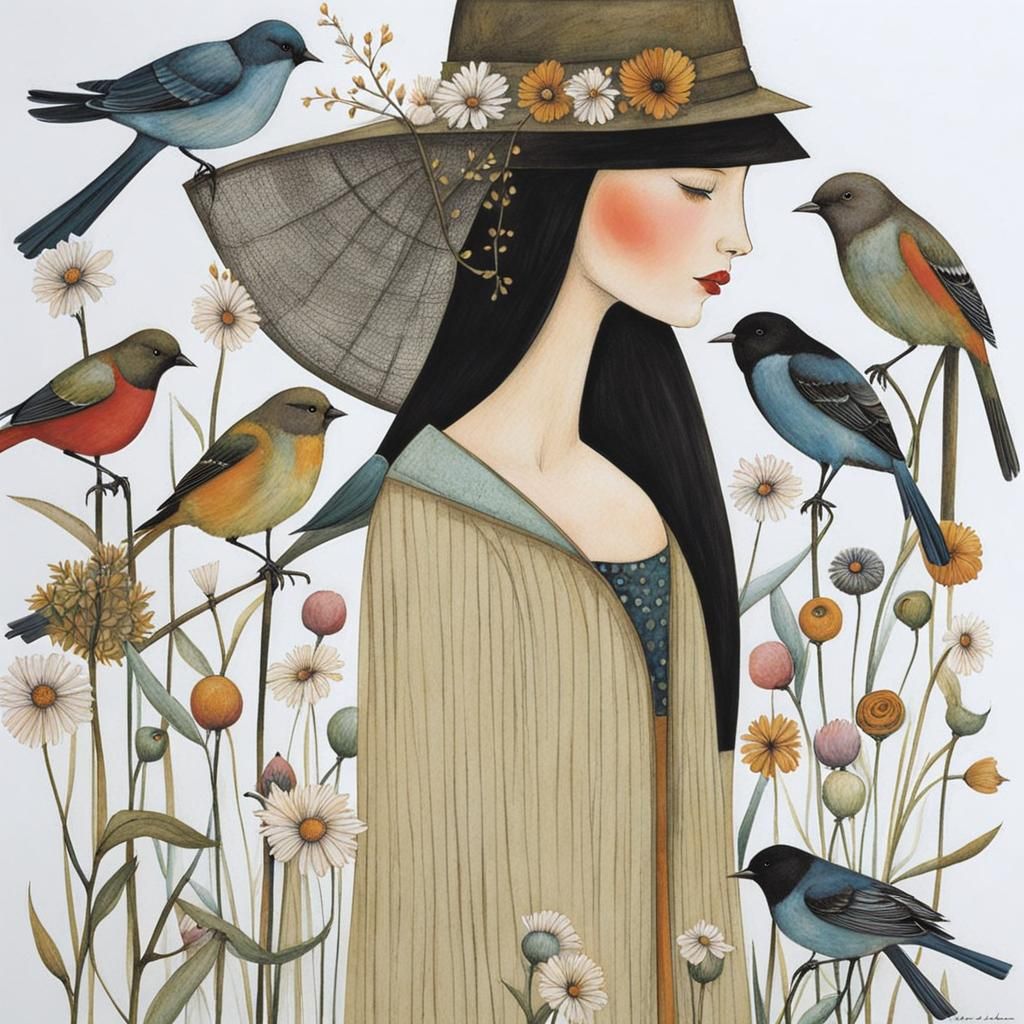 Enchanting Garden Scene with Girl and Birds