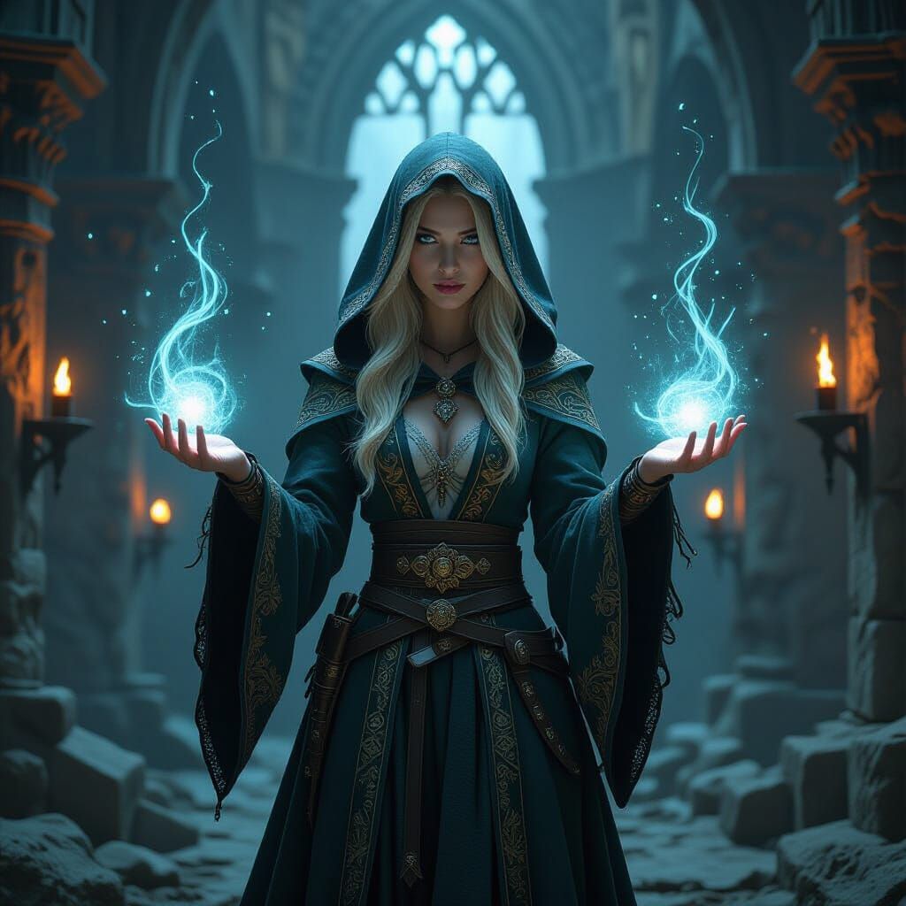 Enchanting Elf Sorceress Casting Spell in Dungeon