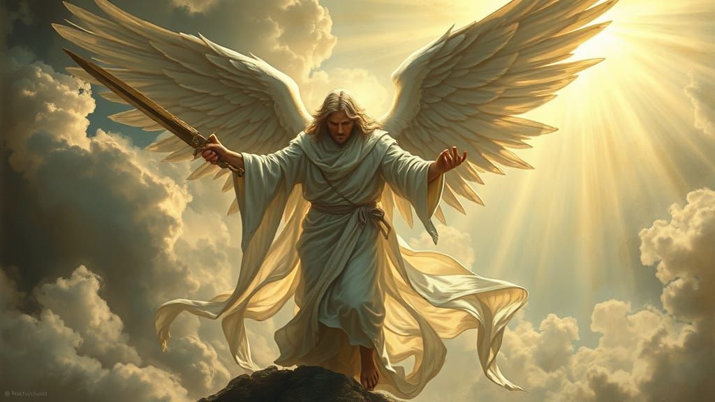 Avenging Angel with Sword in Mystical Light