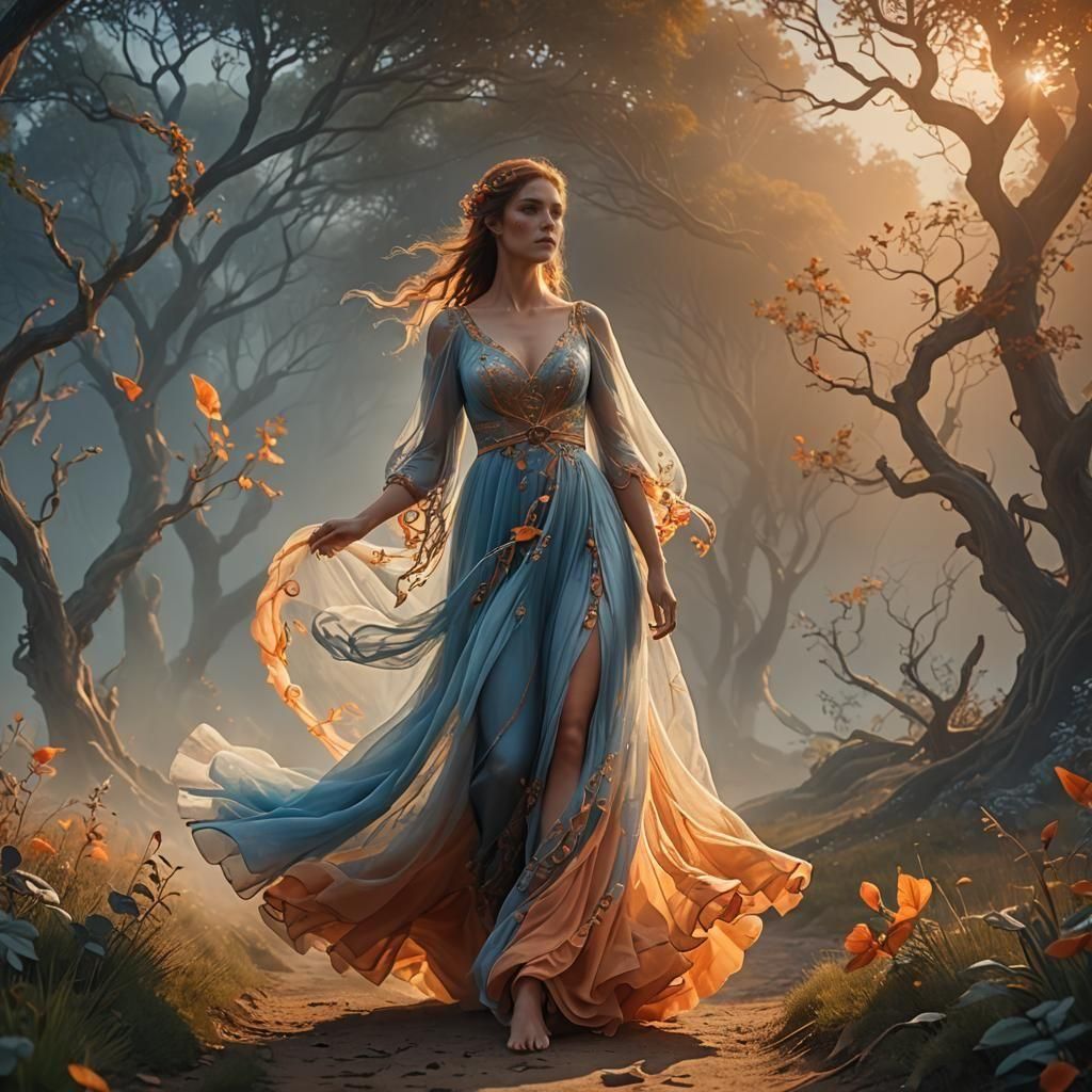 Barefoot Maiden in Vaporous Dress: Fantasy Art
