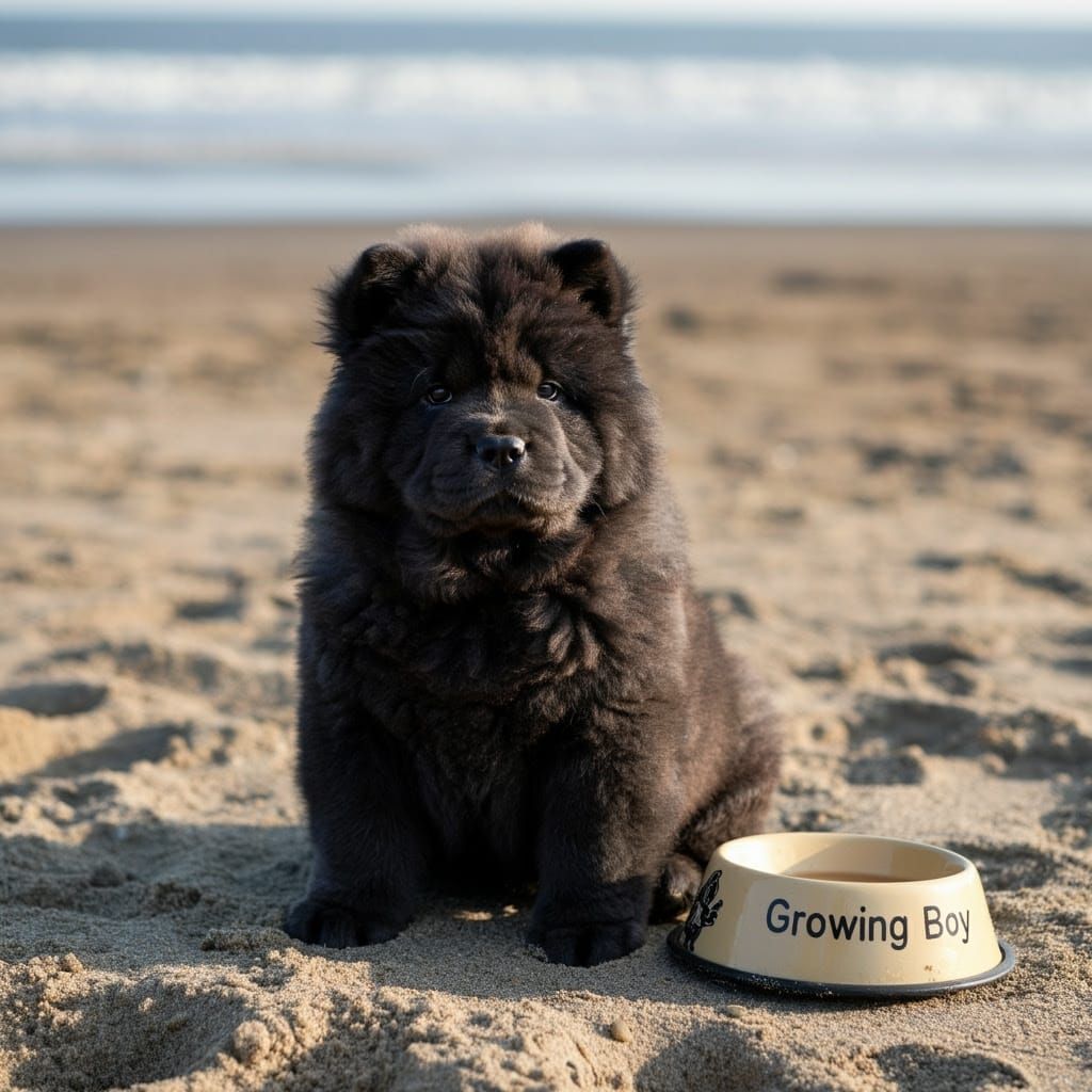 Calm Beach Scene with Adorable Chow Chow Puppy