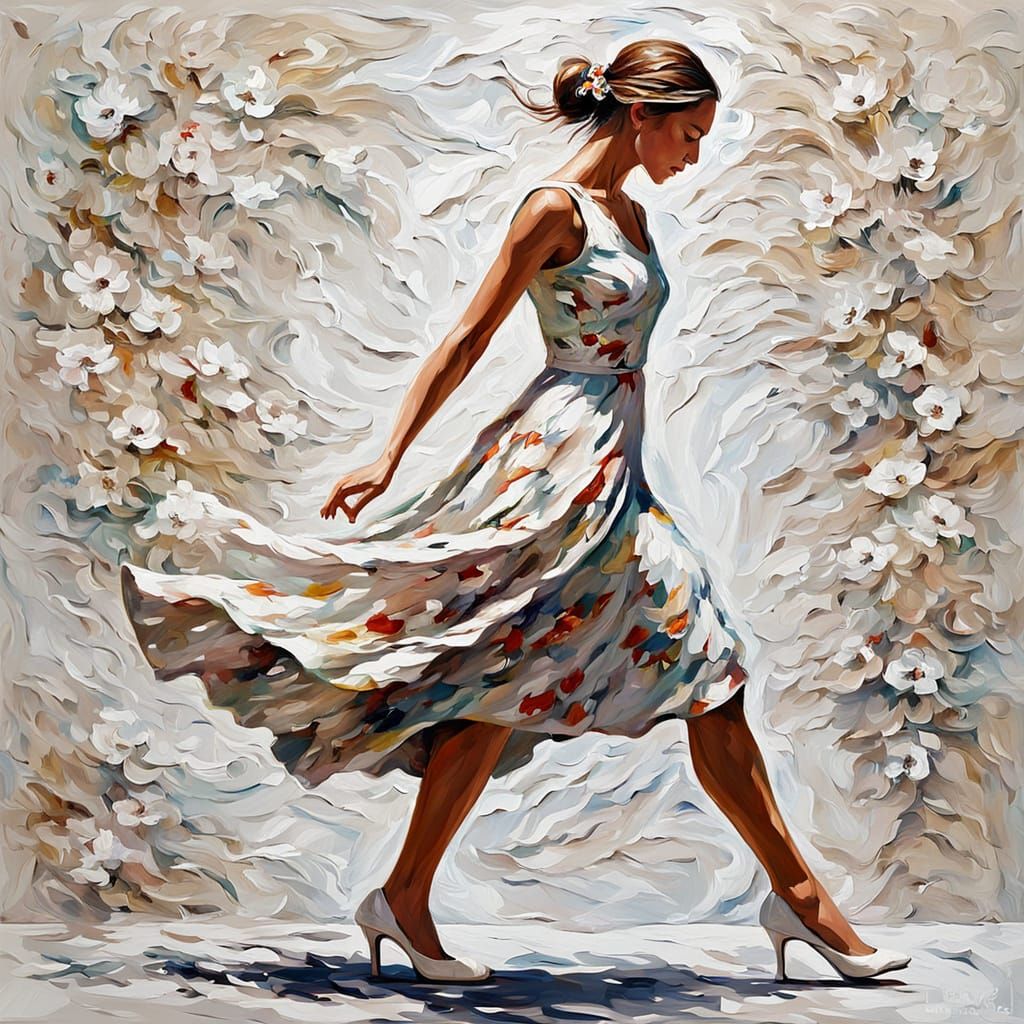 Woman in Floral Dress in Impasto Style