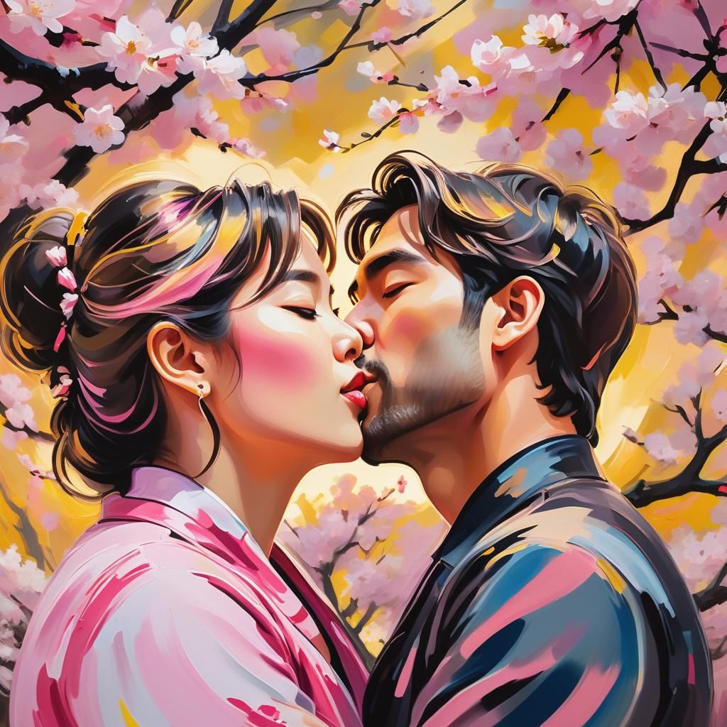 Romantic Kiss Under Cherry Blossoms in Abstract Expressionis...
