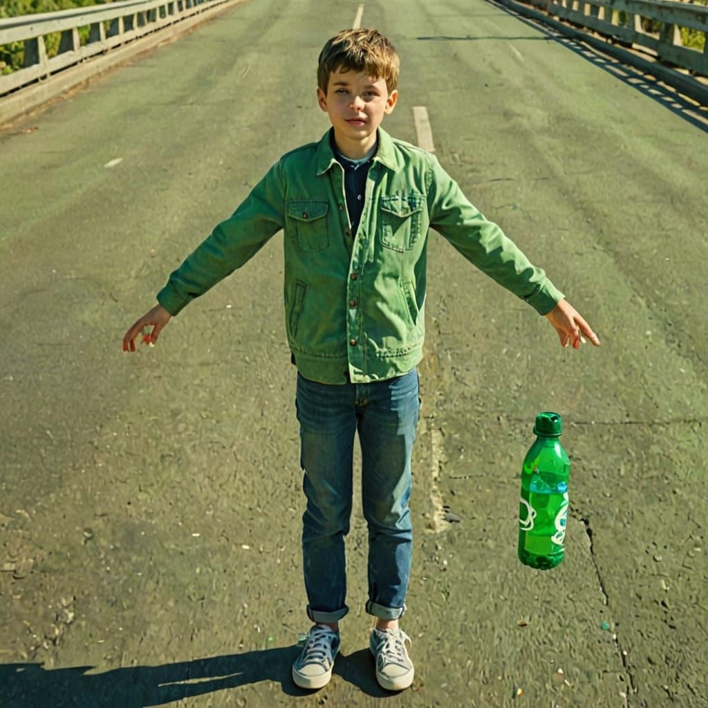 Boy on Bridge in Retro Cartoon Style