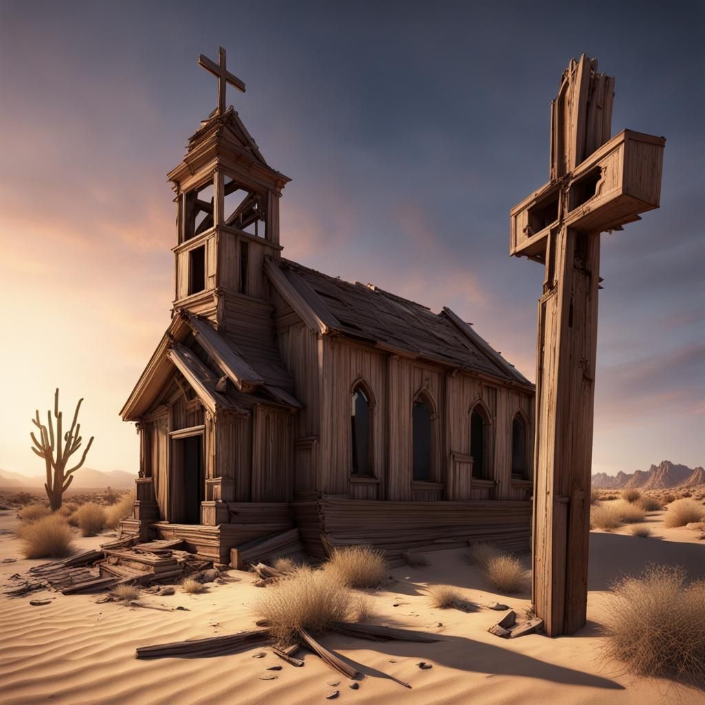 Abandoned Desert Church at Sunset