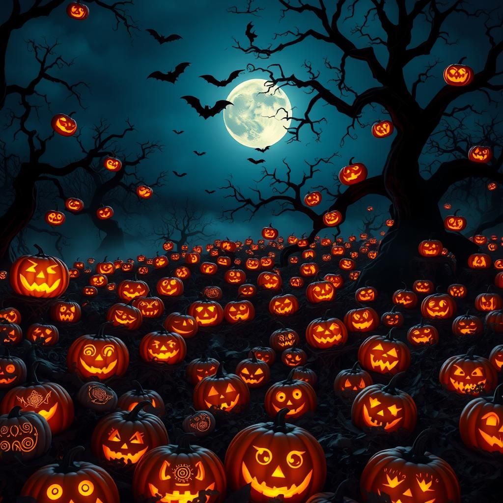 Haunted Jack-o'-Lantern Patch Under a Full Moon