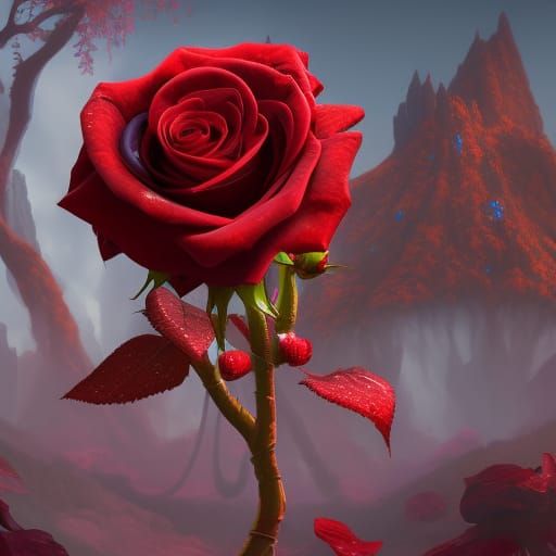 Crimson Pixel Rose: Detailed Digital Matte Painting