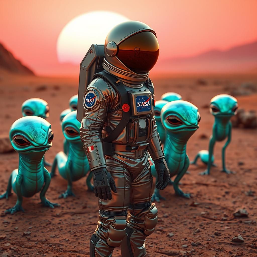 Astronaut Observes Aliens on Mars in Hyperrealism