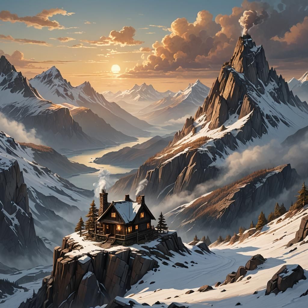 Rustic House on Snowy Peak: Digital Matte Painting