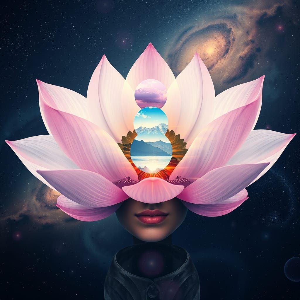 a  double exposure of a beautiful lotus flower, four magical...