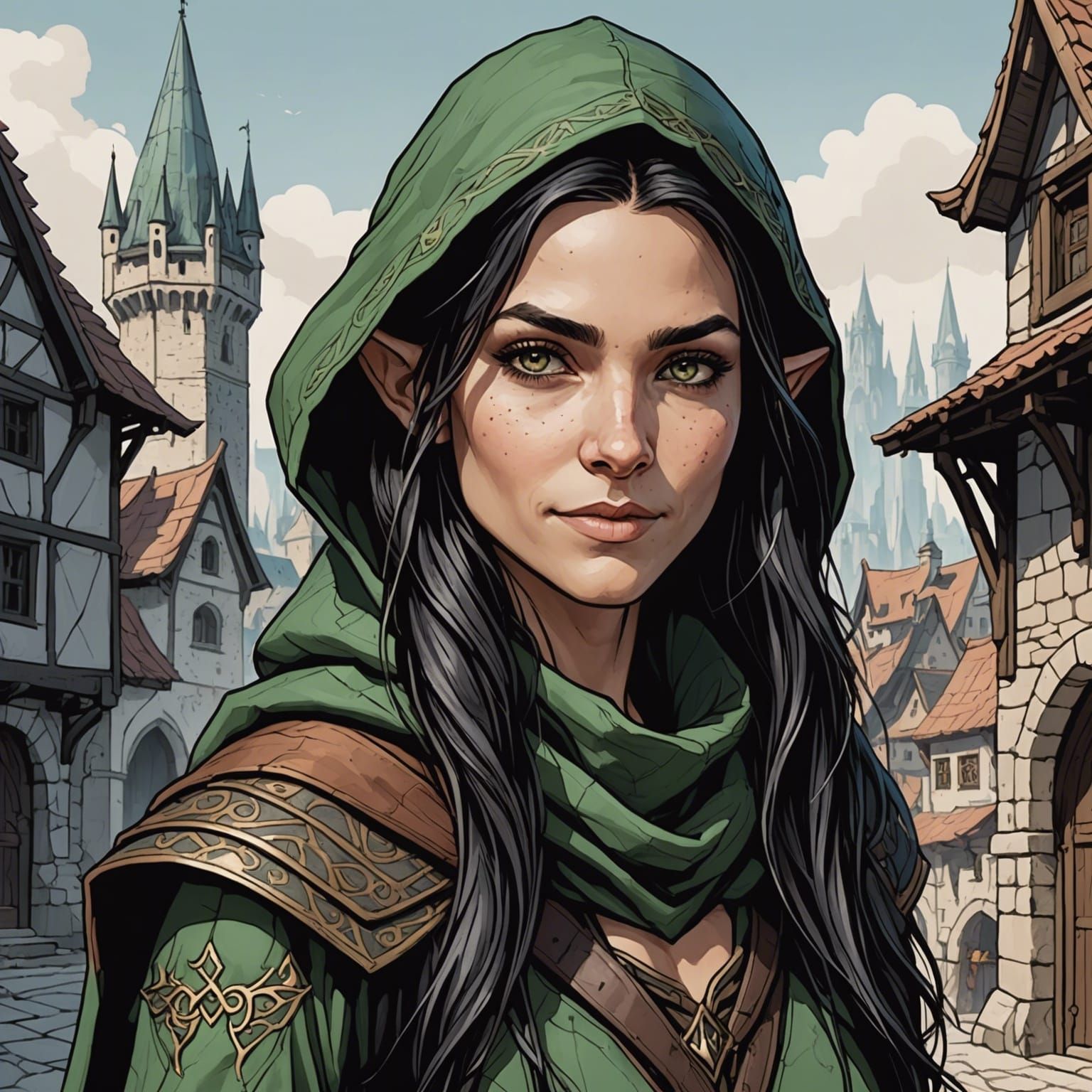 Elven Rogue Portrait in Minimalist Line Art Style