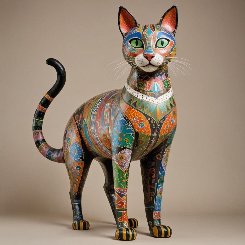 Decorated Paper Mache Cat Sculpture in Folk Art Style