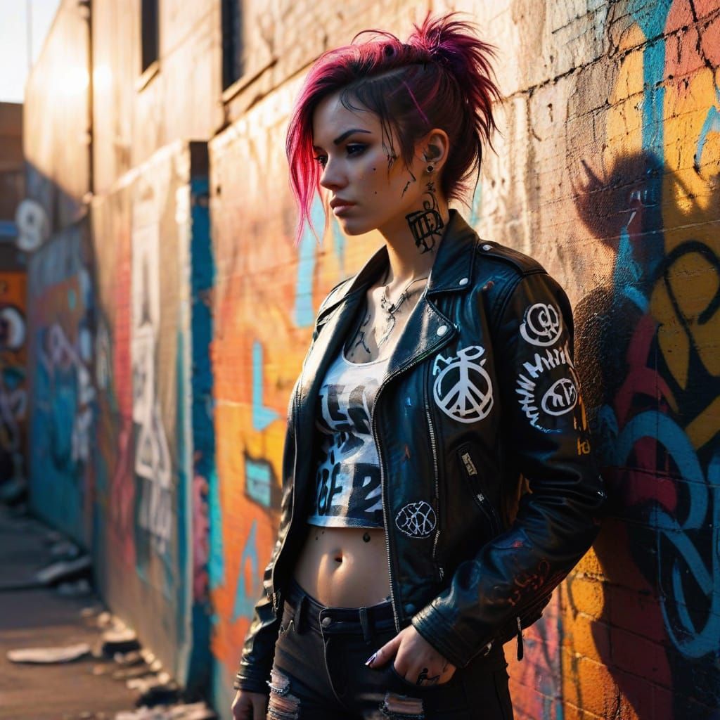 Punk Woman with Peace Sign in Graffiti Style
