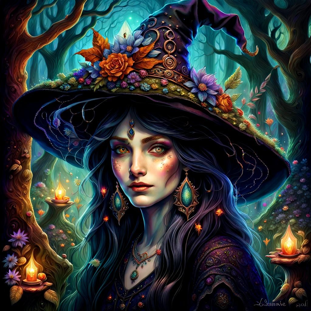 Woodland Witch in Detailed Forest Den: Watercolor Art