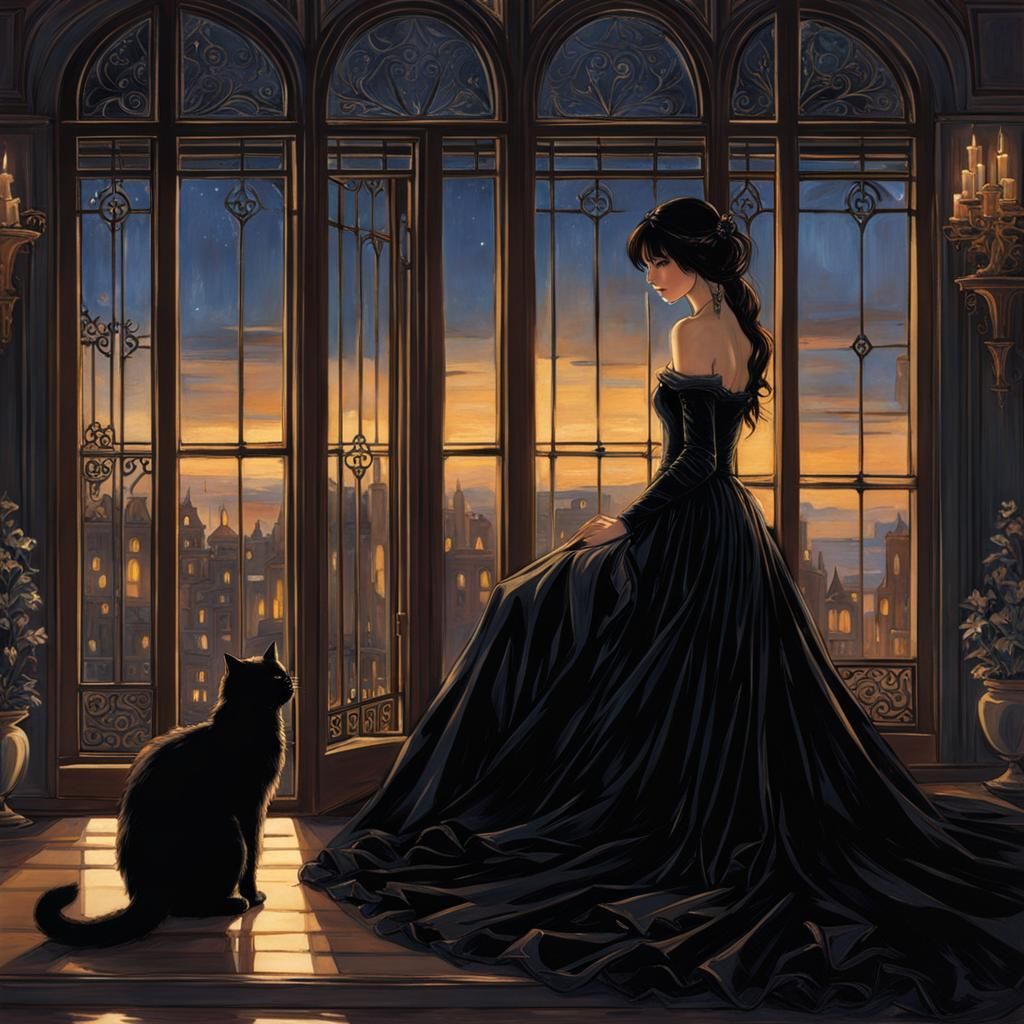 Anime Woman and Cat at Window, Waterhouse Style