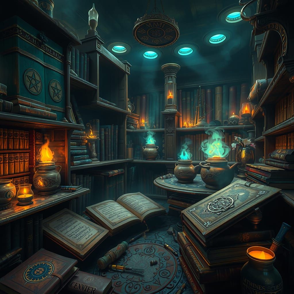 Whimsical Chamber of Ancient Tomes and Mystical Symbols
